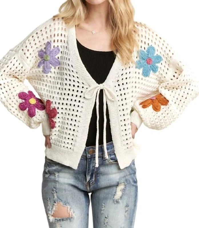 Floral Cardigan In Ivory Mesh Blend Leather Blend Suede Blend