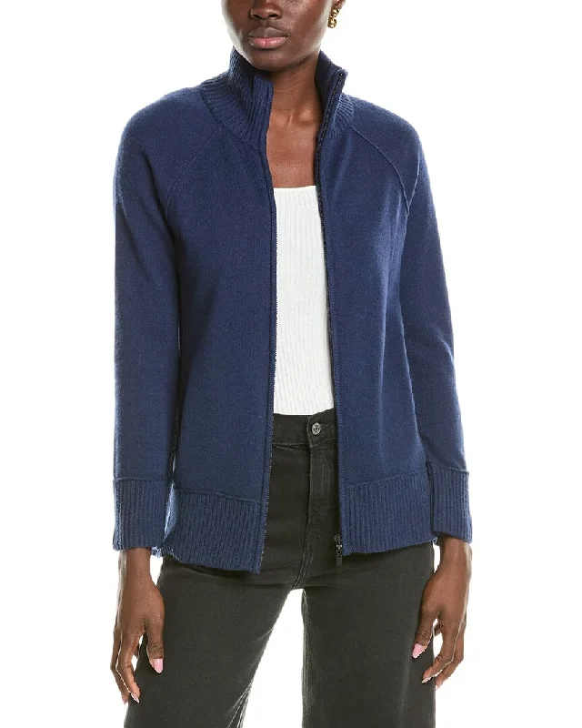 Forte Cashmere Zip Mock Cashmere Cardigan Front Pockets Side Pockets Patch Pockets