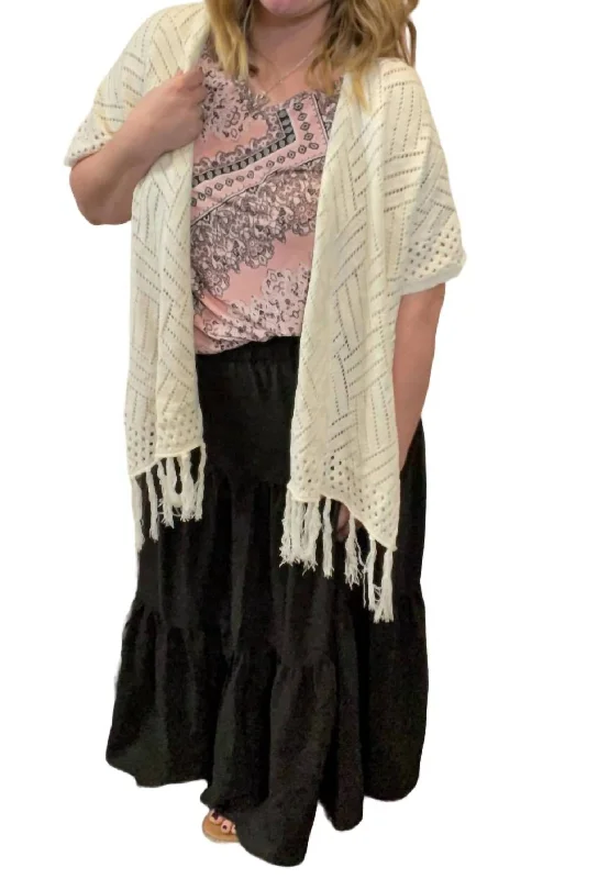 Fringed Crossed Shawl Cardigan In White Jersey Fabric Tulle Fabric Batik Fabric