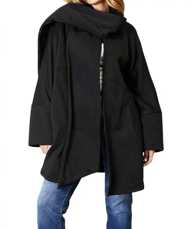 Full Size Open Front Cardigan With Scarf Design In Black Iron Safe Non-Iron Wrinkle Free