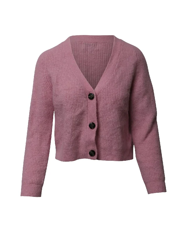 Ganni Rib Knit Cropped Cardigan in Pink Wool Satin Blend Silk Blend Wool Blend