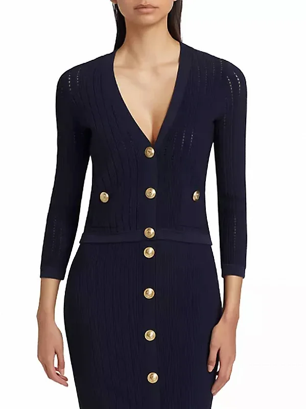 Irvin Pointelle Knit Cardigan In Navy Lightweight Heavyweight Midweight