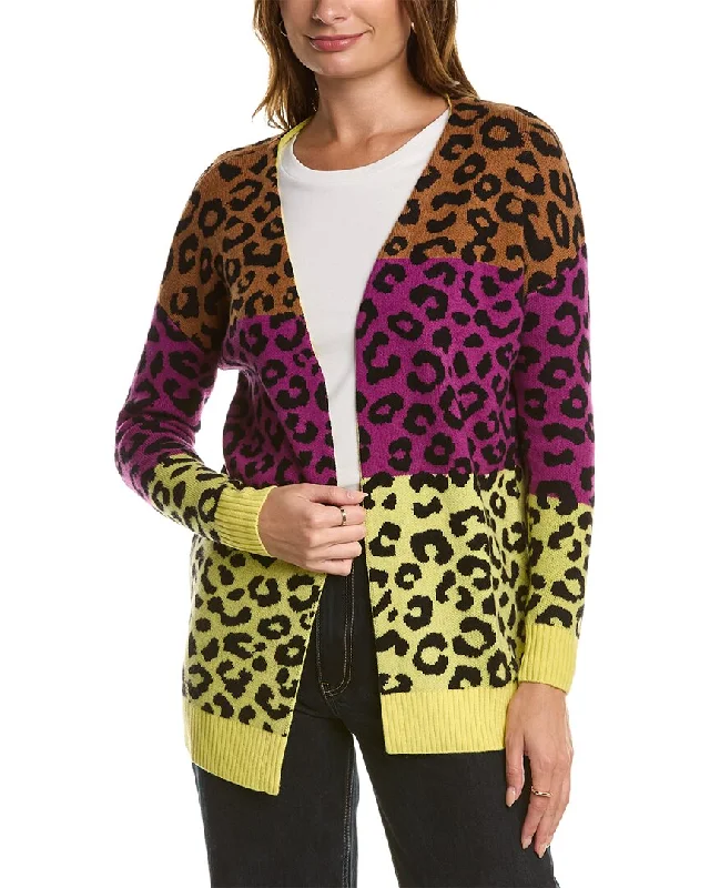 Kier + J Leopard Wool & Cashmere-Blend Cardigan Zippered Front Buttoned Front Snap Front