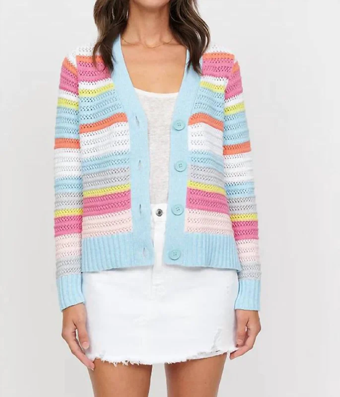 Lauren Textured Stripe Vee Cardigan In Seafoam Multi Lightweight Heavyweight Midweight