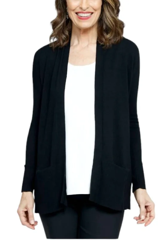 Long Sleeved Open Front Cardigan With Pockets In Black Crew Neck V-Neck Turtle Neck