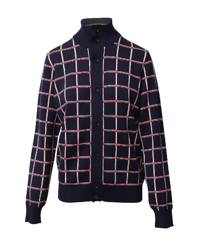 Louis Vuitton Jacquard Windowpane Check Cardigan in Navy Blue Wool Sequined Glittery Shiny