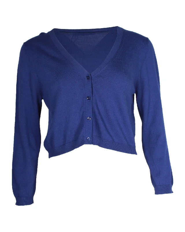 Max Mara Weekend Cropped Cardigan in Blue Viscose Lace Blend Ribbed Blend Corduroy Blend