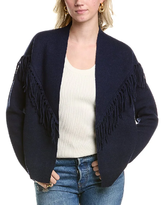 MEIR Fringe Wool & Cashmere-Blend Cardigan Hooded Caped Shawl Collar