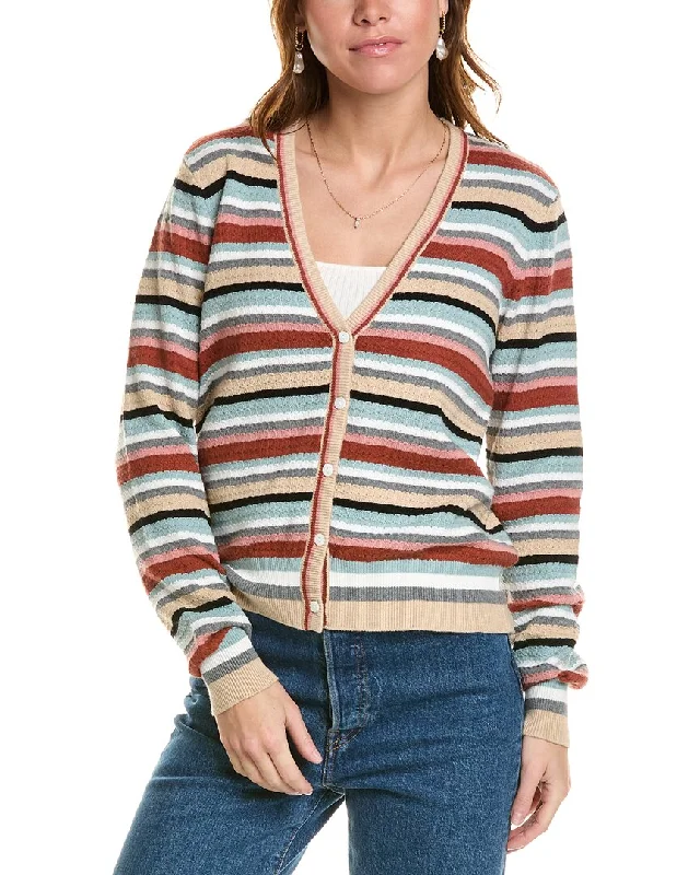 Minnie Rose Weekend Texture Stripe Cashmere-Blend Cardigan Asymmetrical,ymmetric Pencil Cardigan