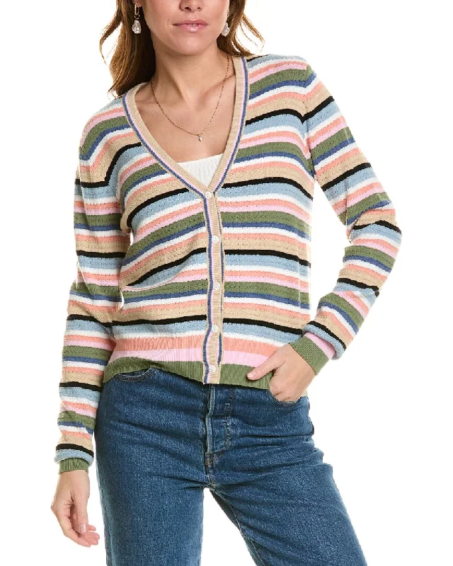 Minnie Rose Weekend Texture Stripe Cashmere-Blend Cardigan Sequined Glittery Shiny