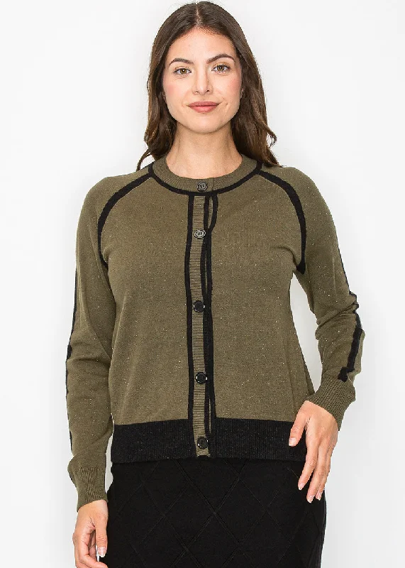 Olive and Black Trim Buttoned Cardigan Zippered Front Buttoned Front Snap Front