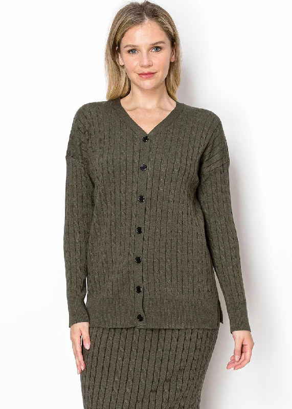 Olive Cable Knit Button-Down Cardigan Welt Pockets Slit Pockets Flap Pockets