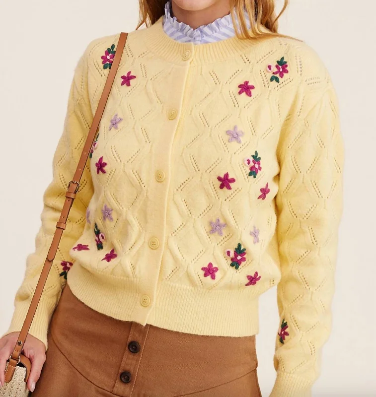 Pop Floral Sweater Weaved Cardigan In Yellow Print Jacquard Patchwork