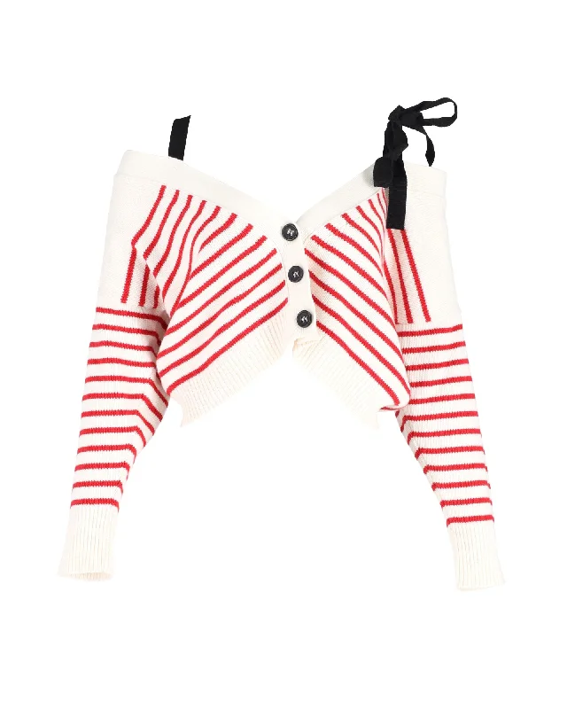 Red Valentino Cropped Knit Cardigan In White Wool Mesh Blend Leather Blend Suede Blend