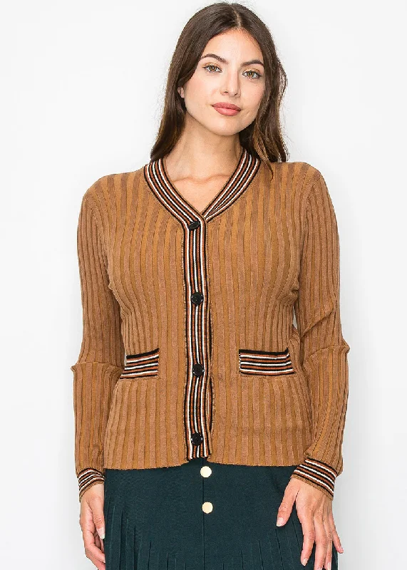 Ribbed Camel Cardigan with Striped Details Beaded Cardigan Sequined Faux Fur