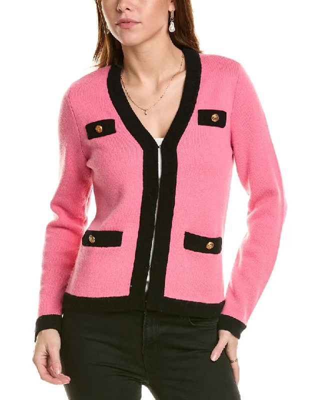 sofiacashmere Contrast Trim Wool & Cashmere-Blend Cardigan Beaded Cardigan Sequined Faux Fur