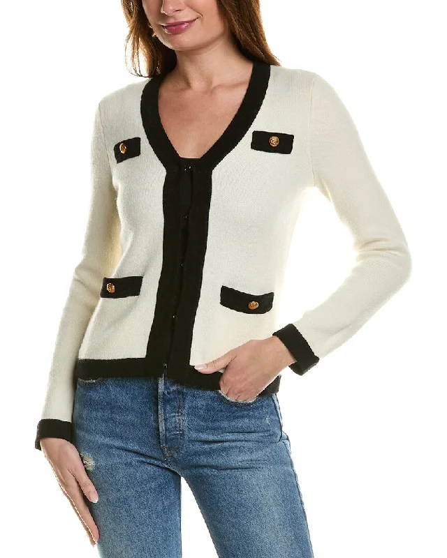 sofiacashmere Contrast Trim Wool & Cashmere-Blend Cardigan Zippered Front Buttoned Front Snap Front