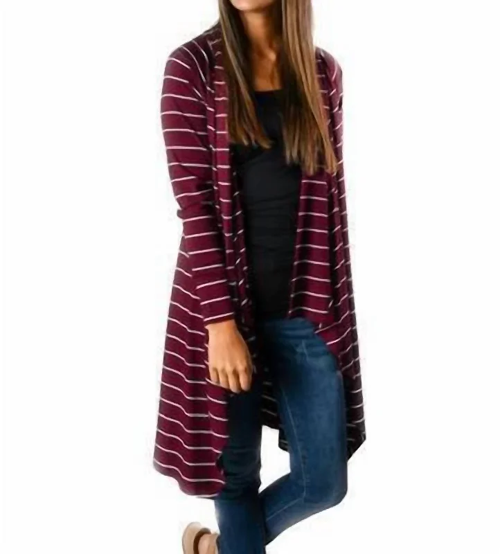 Stripe Waterfall Cardigan In Maroon Fitted Loose Oversized