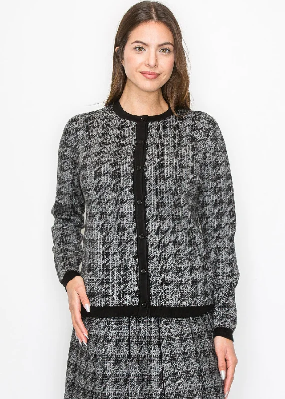 Timeless Houndstooth Knit Cardigan Elasticated Padded Insulated