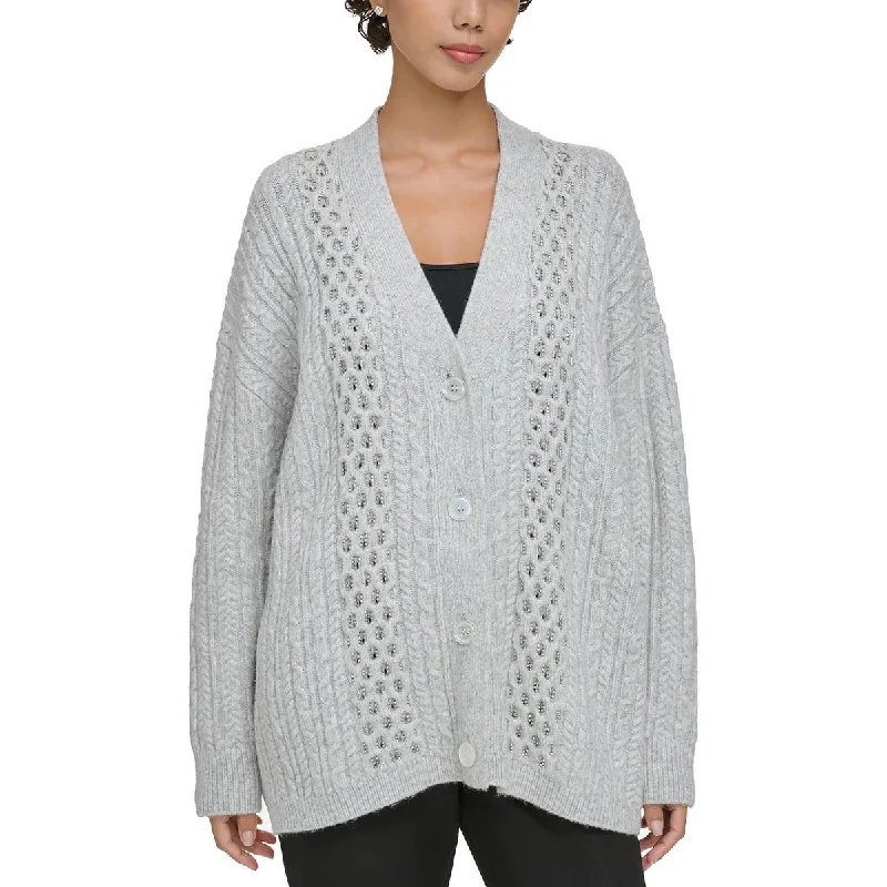 Womens Cable Knit Embellished Cardigan Sweater Collared Crew Neck Turtle Neck