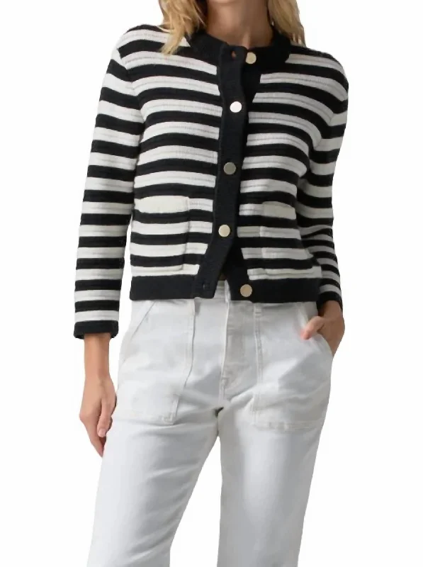 Zara Striped Cardigan In Black/white Lace Blend Ribbed Blend Corduroy Blend