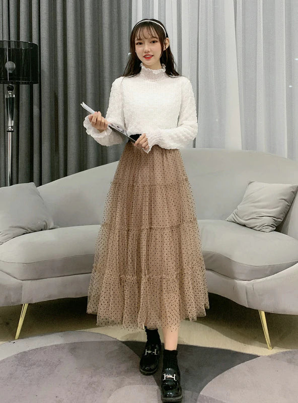 ELASTIC WAIST DOUBLE-LAYER MESH DOT SKIRT lace skirt romantic