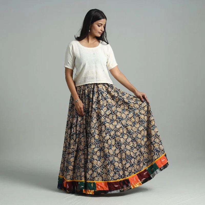 Multicolor - Hand Block Printed Cotton Long Kalamkari Skirt 13 silk skirt sleek