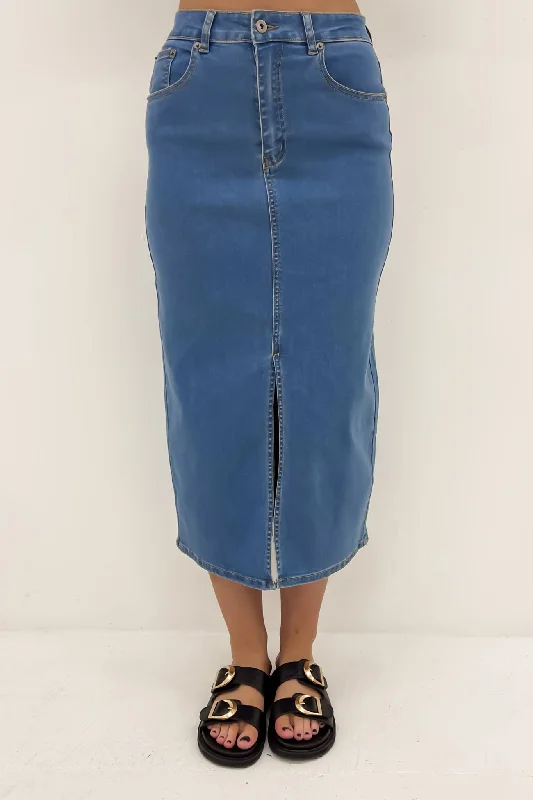 Alivia Denim Midi Skirt Dark Blue linen skirt natural