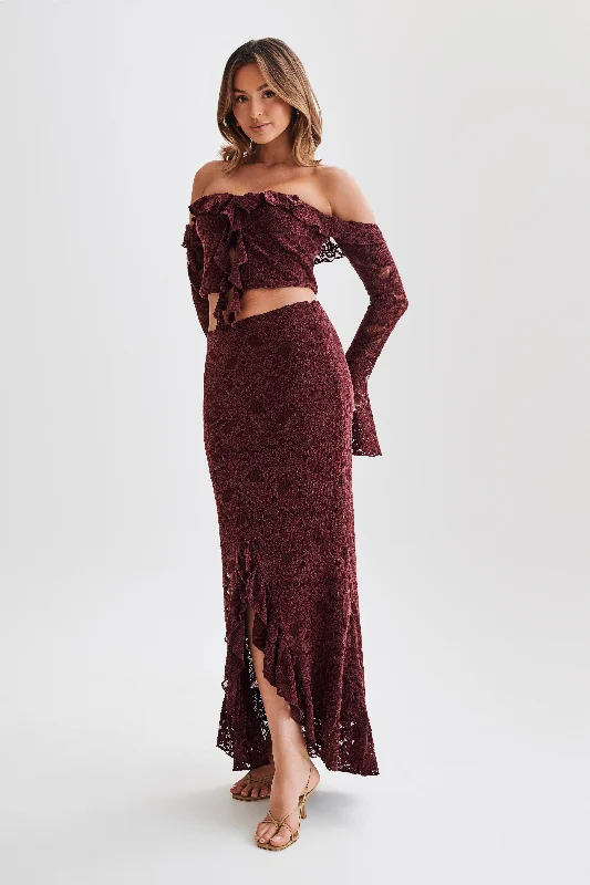 Artemis Lace Plisse Maxi Skirt - Plum cashmere skirt fine