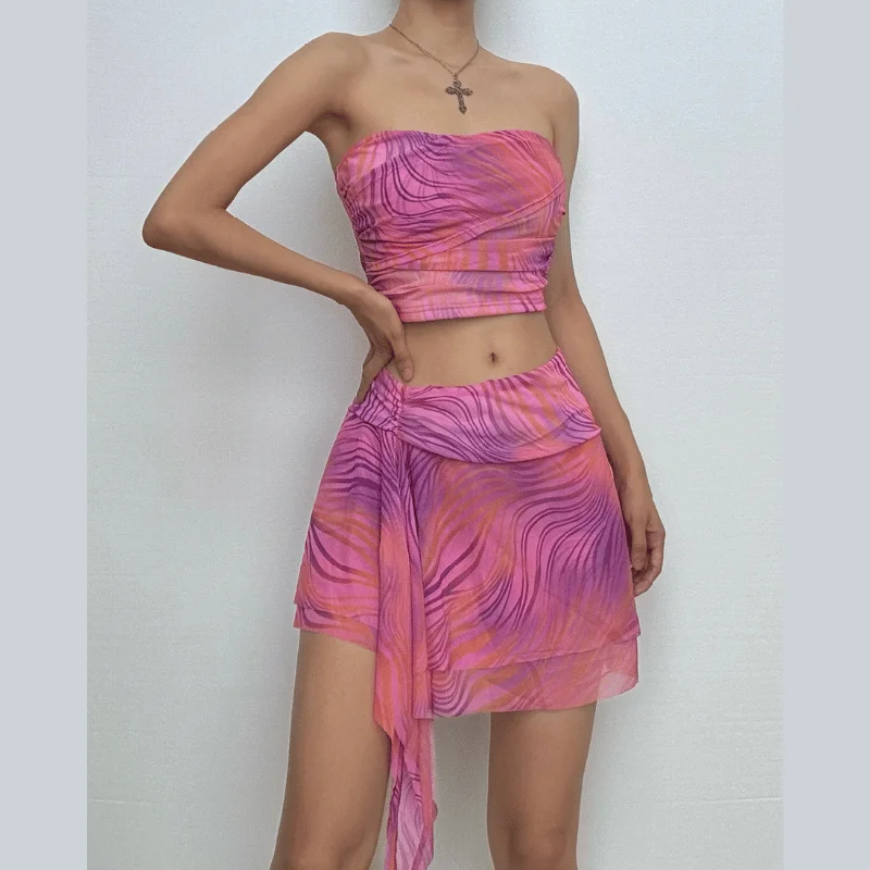 Backless tie dye ruffle tube mini skirt set athletic skirt fit