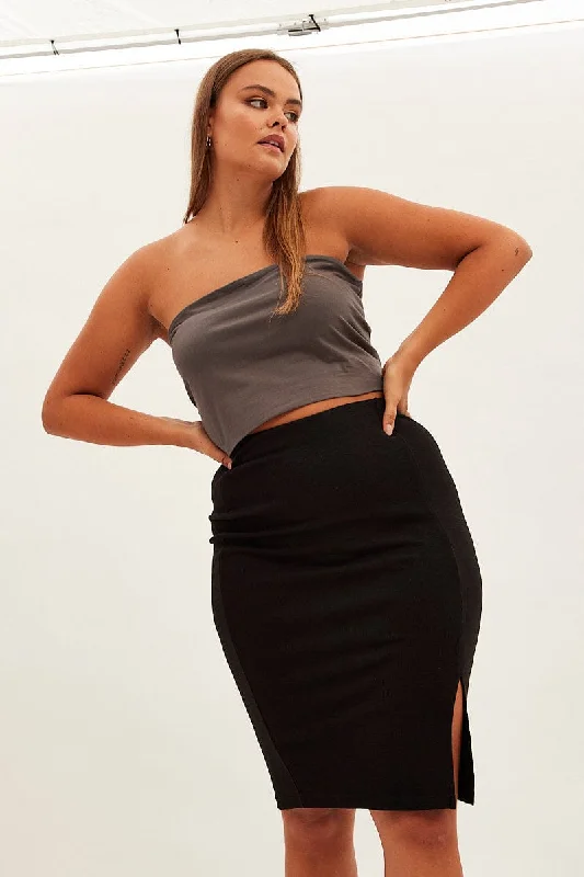 Black Midi Skirt Rib Textured Jersey Elastic Waist leather skirt sleek