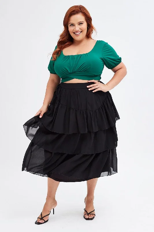 Black Midi Skirt Ruffle Hem leather skirt sleek