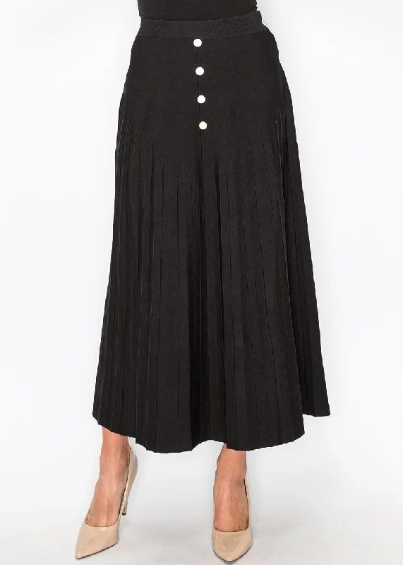 Black Pleated Skirt with Button Accents zip skirt side