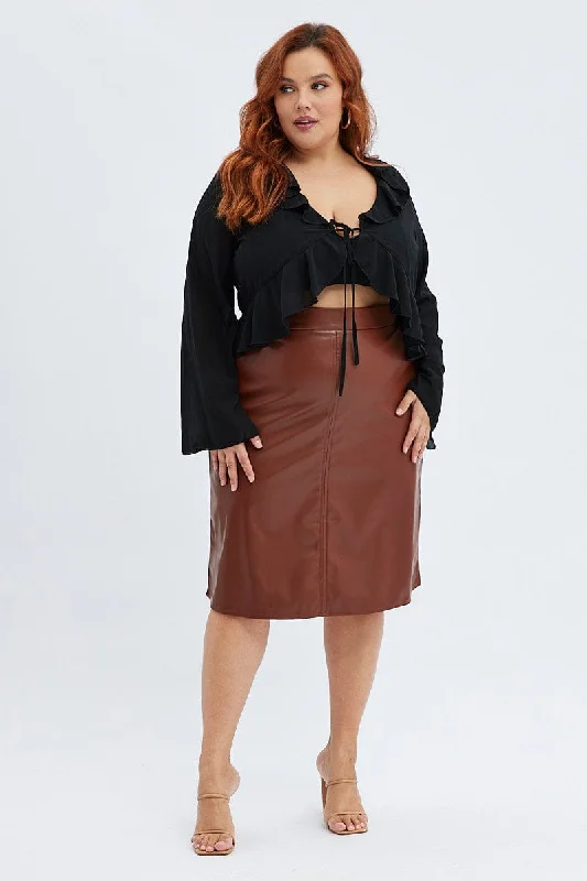 Brown Midi Skirt Faux Leather Flare lace skirt intricate