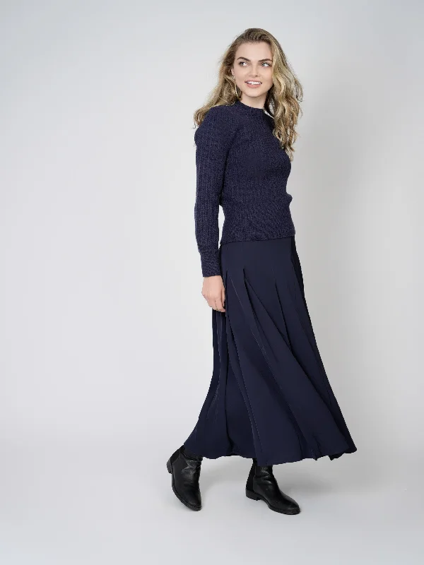 STITCHED DOWN PLEATED SKIRT-(LONG)-NAVY leather skirt bold