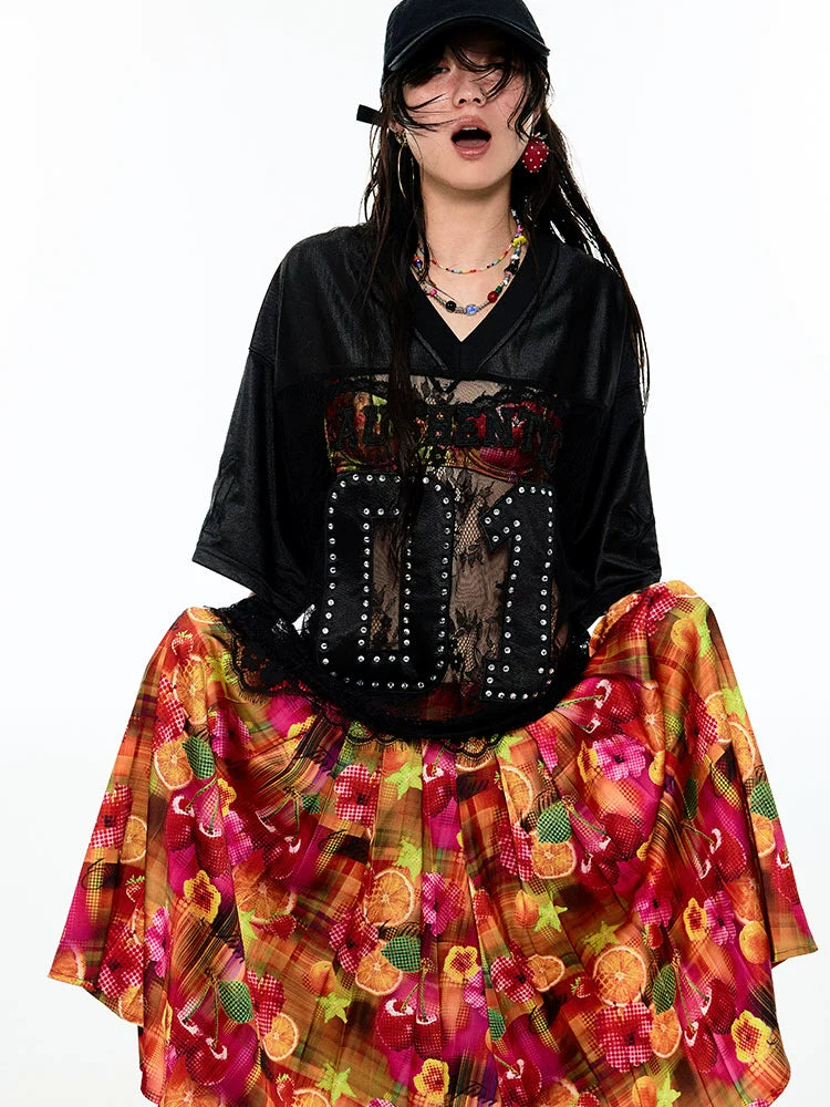 Fruit Printed Low-waist A-line Skirt velvet skirt sumptuous