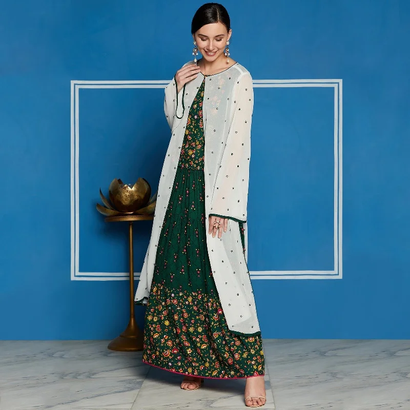 Women's Green Mughal Printed Top  With Skirt And Embroidered Shrug - Pannkh elastic waist skirt