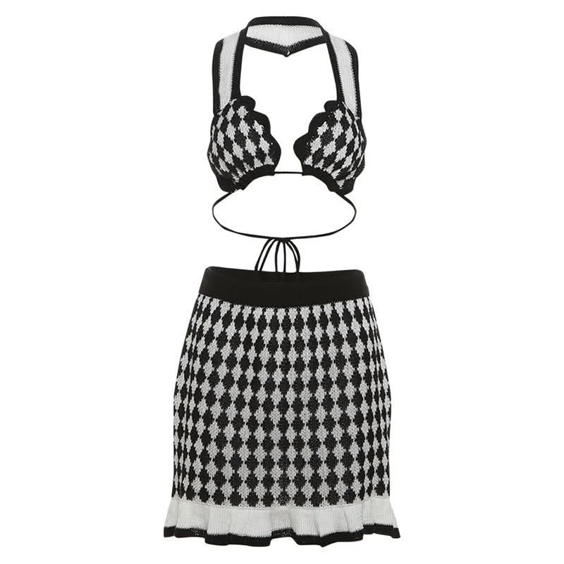 Halter self tie knitted plaid backless mini skirt set summer skirt style