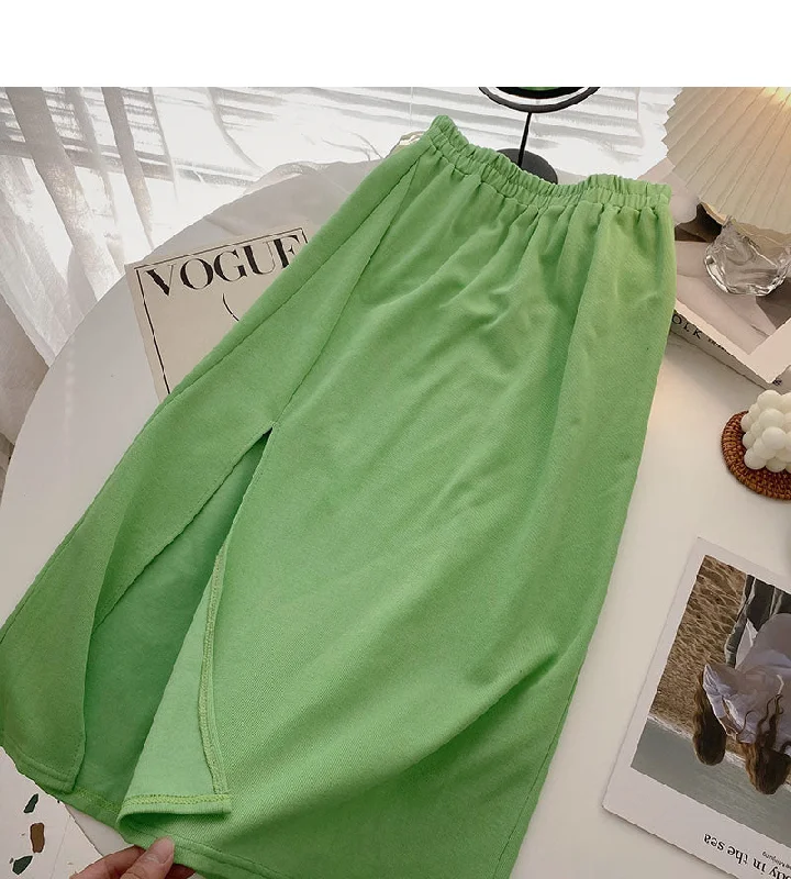 Korean high waist side split design pure color A-line skirt  5721 leather skirt modern