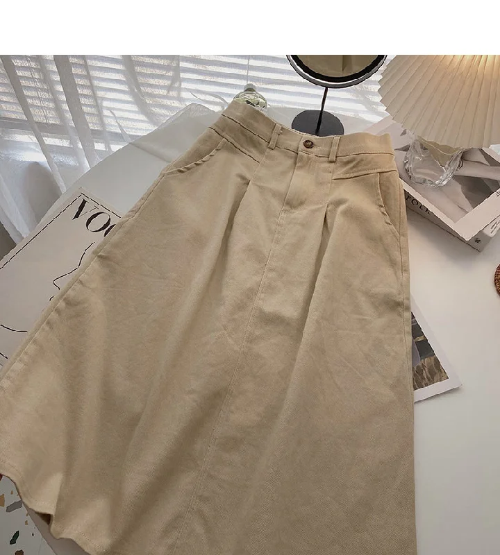 Korean solid color slim and versatile medium and long skirt  5718 corduroy skirt textured