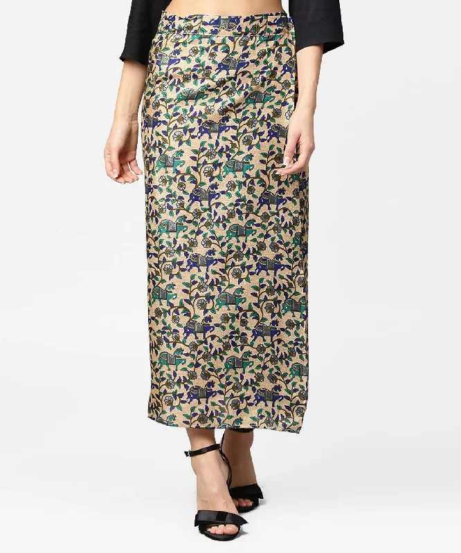 NOZ2TOZ Beige Printed Midi Cotton Straight Skirt slim fit skirt