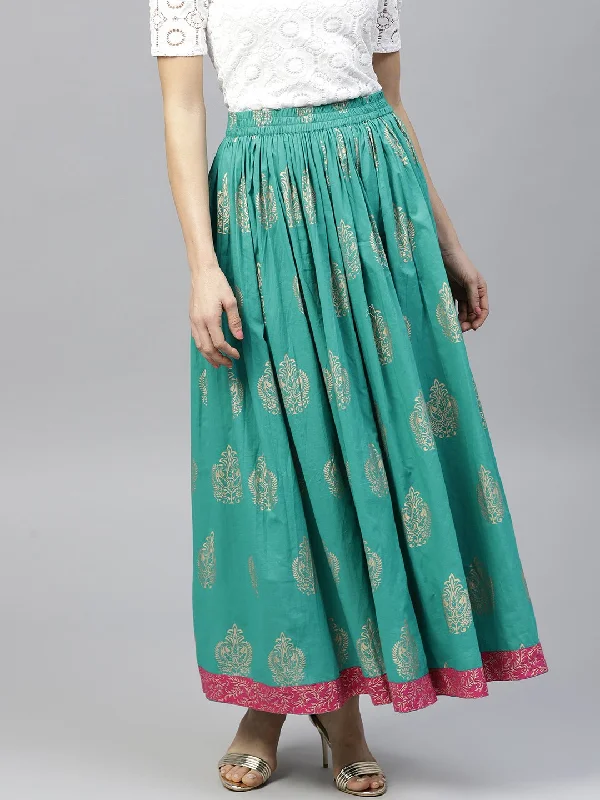 NOZ2TOZ Green Printed Flared Ankle Length Skirt cotton skirt soft