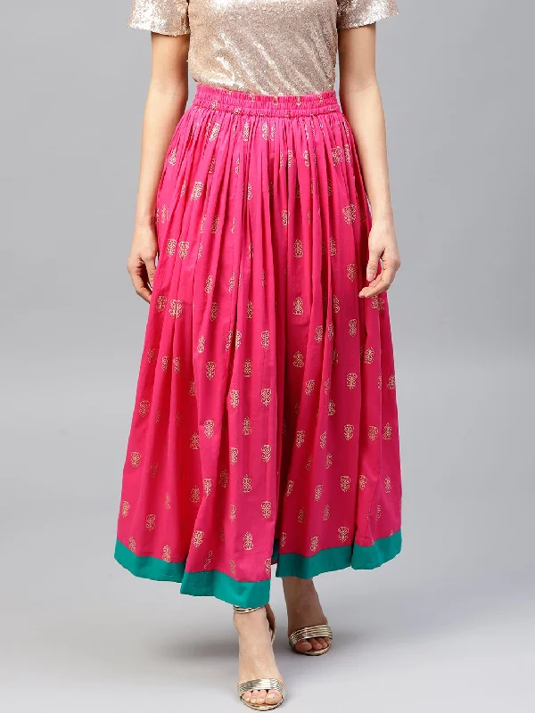 NOZ2TOZ Magenta Printed Flared Ankle Length Skirt linen skirt light