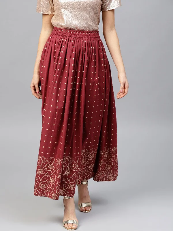 NOZ2TOZ Maroon Printed Flared Ankle Length Skirt cashmere skirt plush