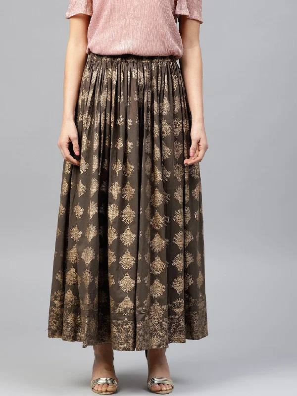 NOZ2TOZ Mud Brown Printed Flared Ankle Length Skirt wool skirt sturdy