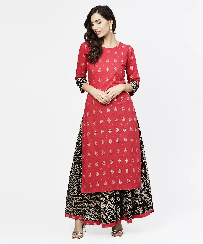 NOZ2TOZ Pink Printed 3/4Th Sleeve Cotton Kurta With Black Printed Skirt linen skirt relaxed