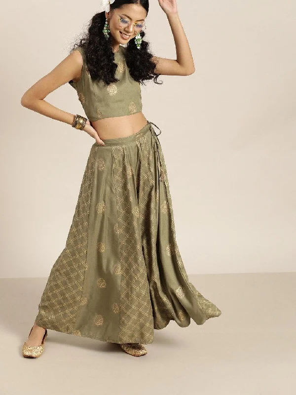 Women's Olive Sleevelesss Crop Top With Anarkali Skirt - SHAE velvet skirt rich