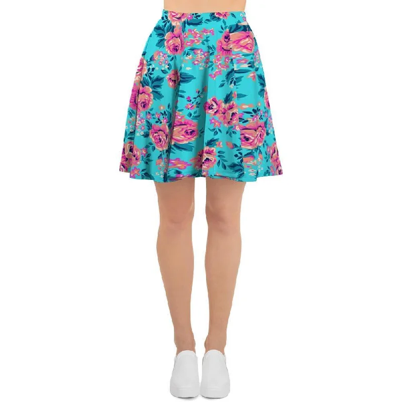 Pink And Blue Rose Floral Women's Skirt mini skirt trendy