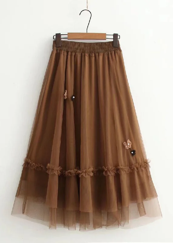 Style Chocolate Patchwork Nail bead A Line Fall Skirts linen skirt natural