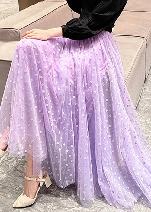 Stylish Purple Dot Elastic Waist Tulle Maxi Skirts low waist skirt